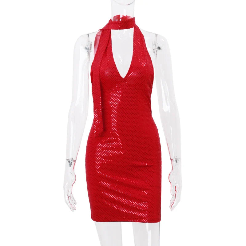 Red Sequin Deep V-neck Graceful Halter Bandage Mini Dress