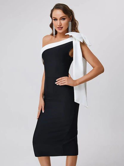 Black One Shoulder Contrast Graceful Tie Up Midi Dress