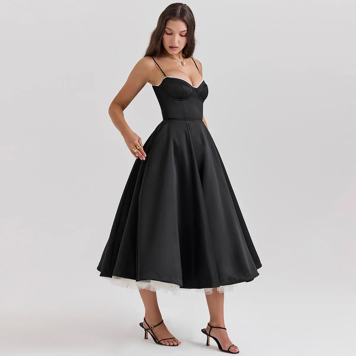 Satin Tulle Flare Charming Strap Cupped Midi Dress