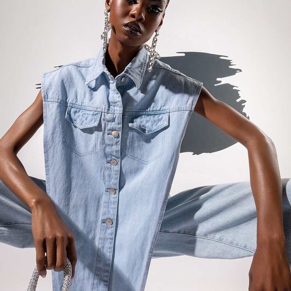 and Irregular with Out Denim Vest Hollow Shoulder Length Detail Hem