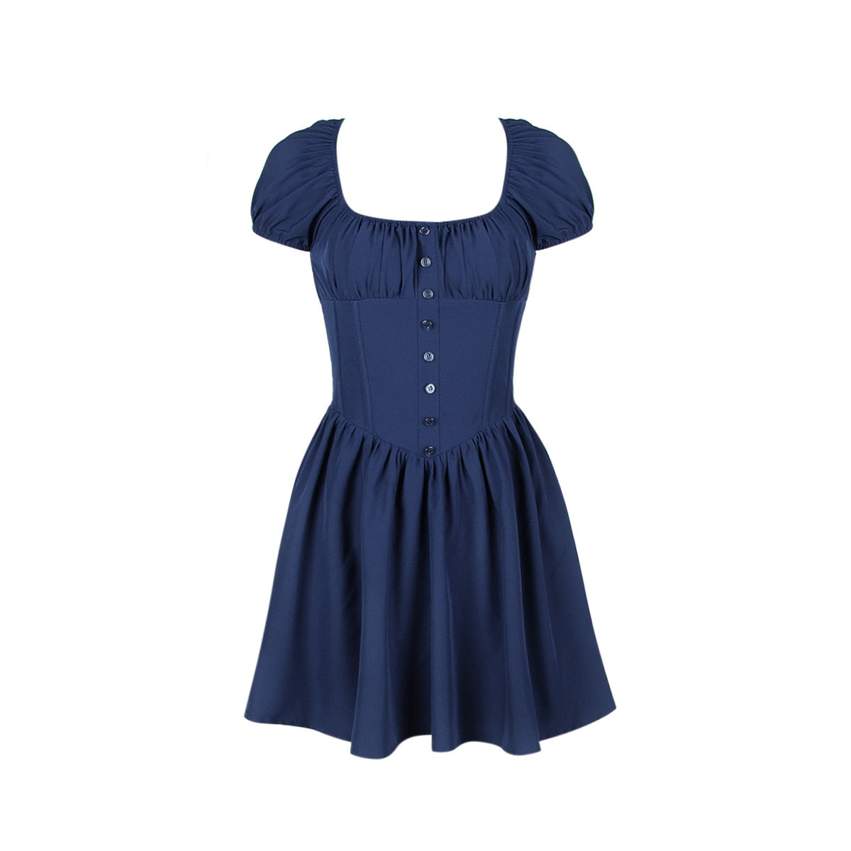 Blue Short Sleeve Charming Buttoned Frill Mini Dress