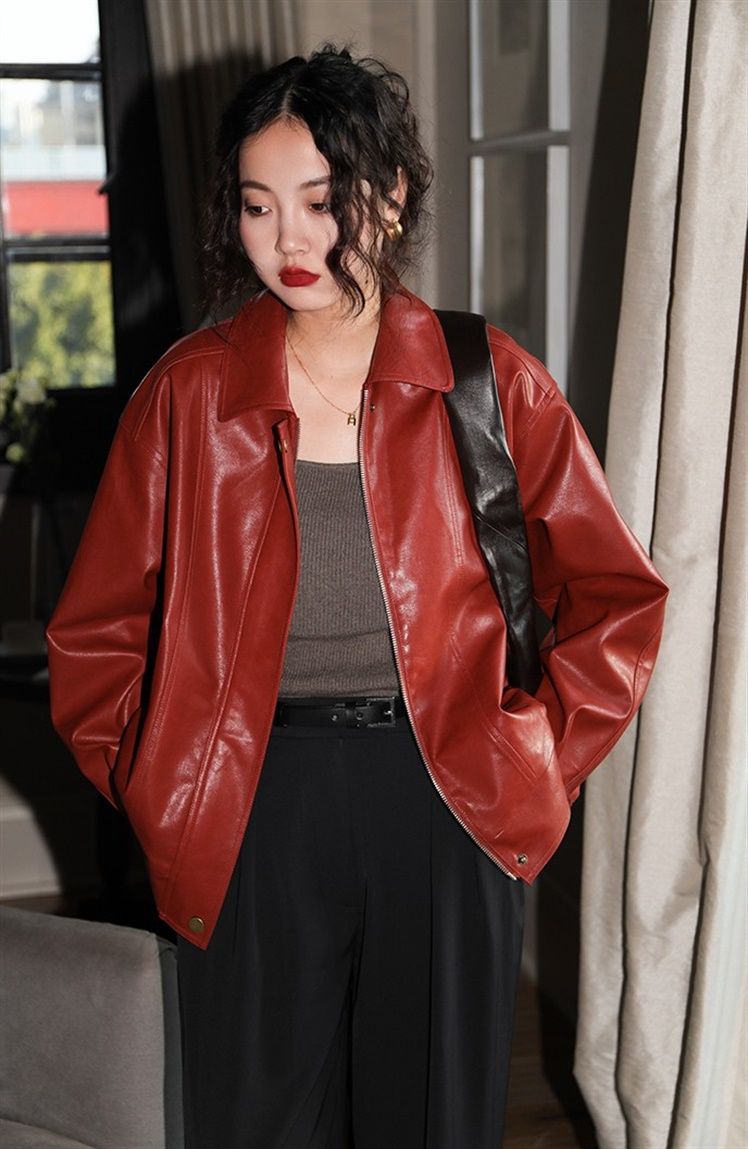 Red Faux Stylish Leather Jacket