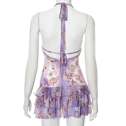 Purple Printed Deep Neck Graceful Frill Mini Strap Dress