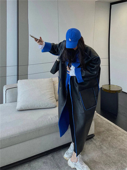 Blue Fur Double-Sided Charming Leather Long Jacket