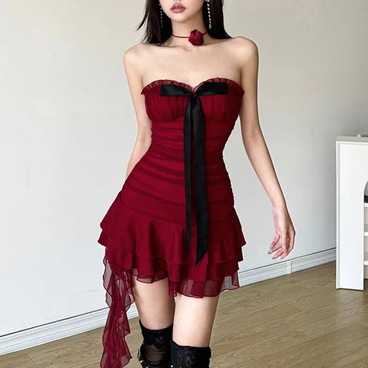 Red Tube Ruched Charming Bow Mini Dress