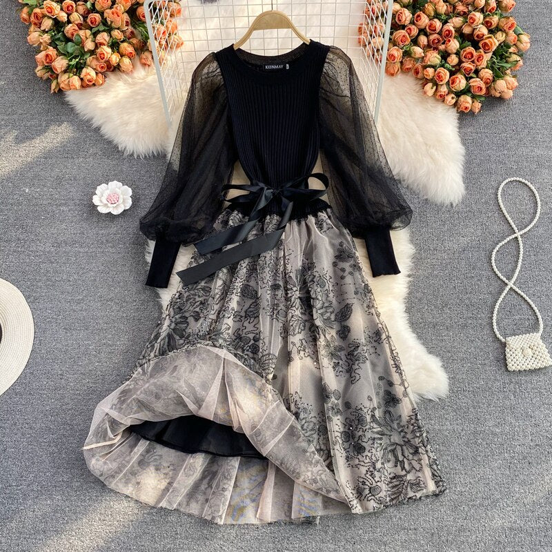 Vintage Gown Printing Round Puff Gown Ladies Bandage Knitted A Party Neck Mesh Arm Stitching Elegant Women's Line Dress