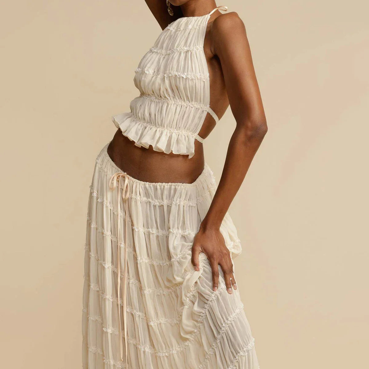 Ruched Halter White Top Graceful And Maxi Skirt Set