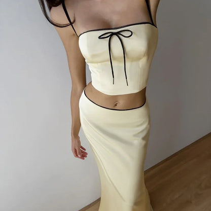 Satin Bow Cami Crop Graceful Top And Maxi Skirt Set