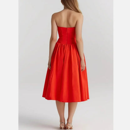 Red Bustier Pleated Charming Flare Midi Dress