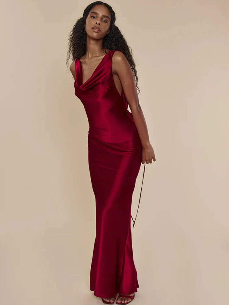 Satin Backless Tie Charming Up Maxi Dress