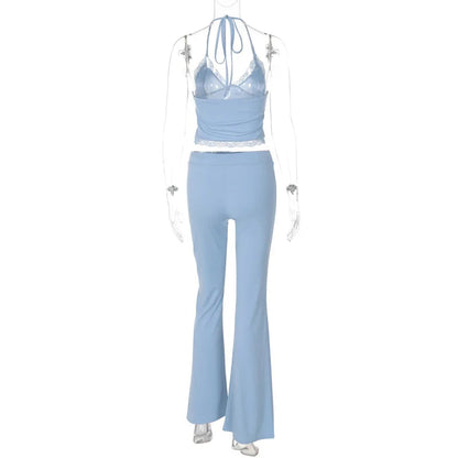 Blue Halter Crop Top Graceful And Flare Pants Set