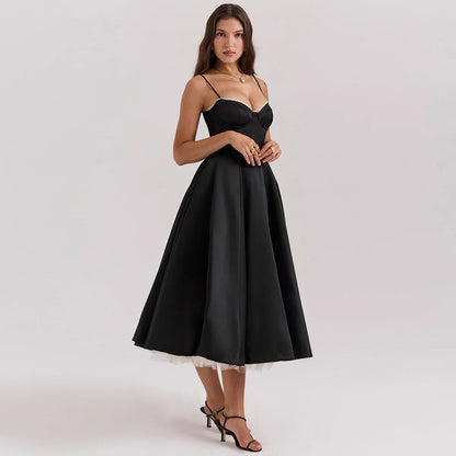 Satin Tulle Flare Charming Strap Cupped Midi Dress