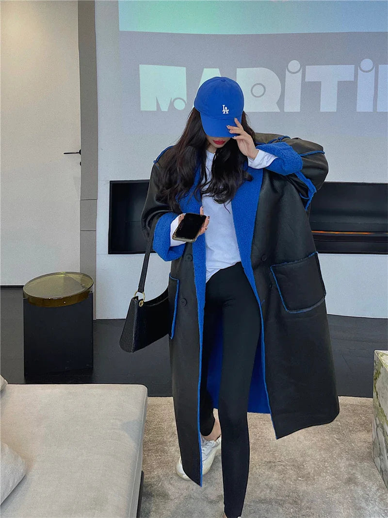 Blue Fur Double-Sided Charming Leather Long Jacket