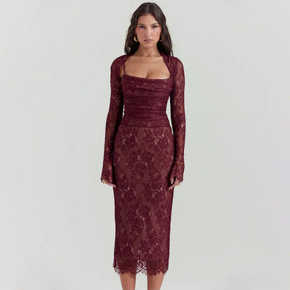 Red Lace Bodycon Charming Long Sleeve Midi Dress