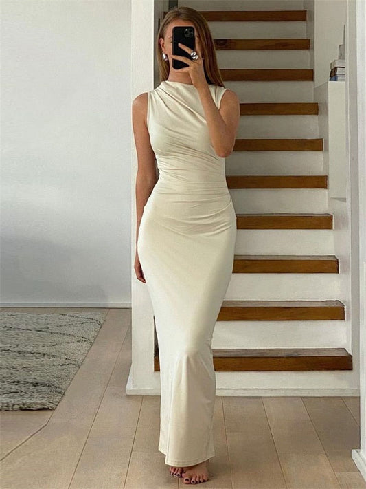 Women - Gown Solid Folded Waist Full-Length Tossy Fashion - Sleeveless Elegant Off-Shoulder Gown High Bodycon for Dress