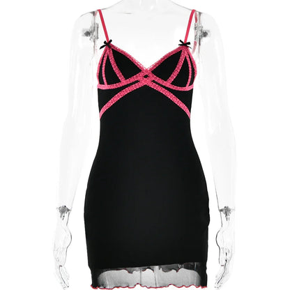 Black Cami Pink Charming Lace Trim Mini Dress