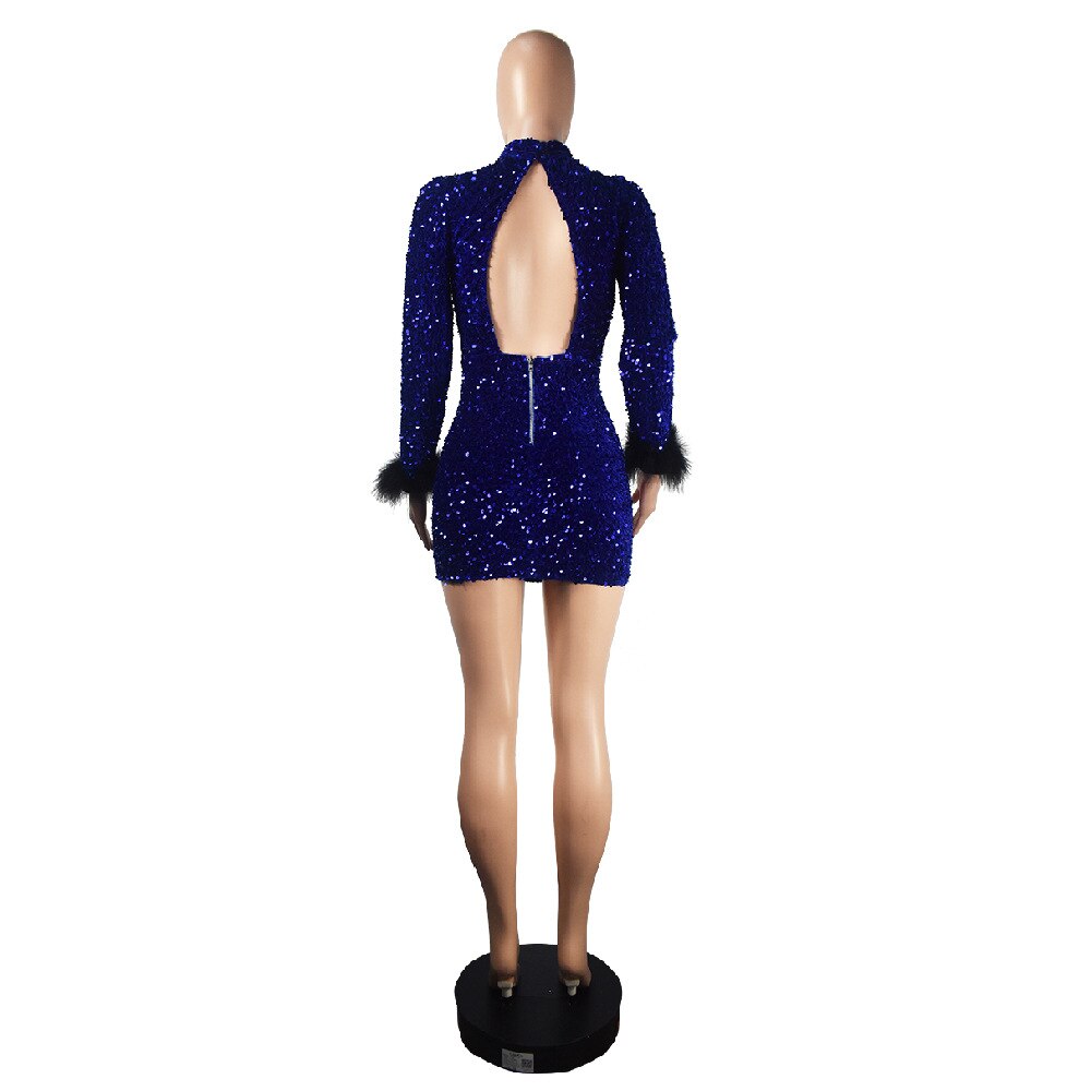 Sequin Feathers Full Sleeve Slim Classic Boydcon Party Night Clubwear Dress