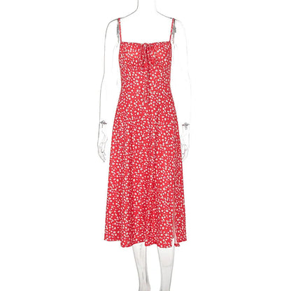 Red Floral Print Charming Strap Split Midi Dress