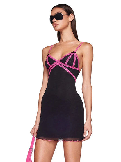 Black Cami Pink Charming Lace Trim Mini Dress