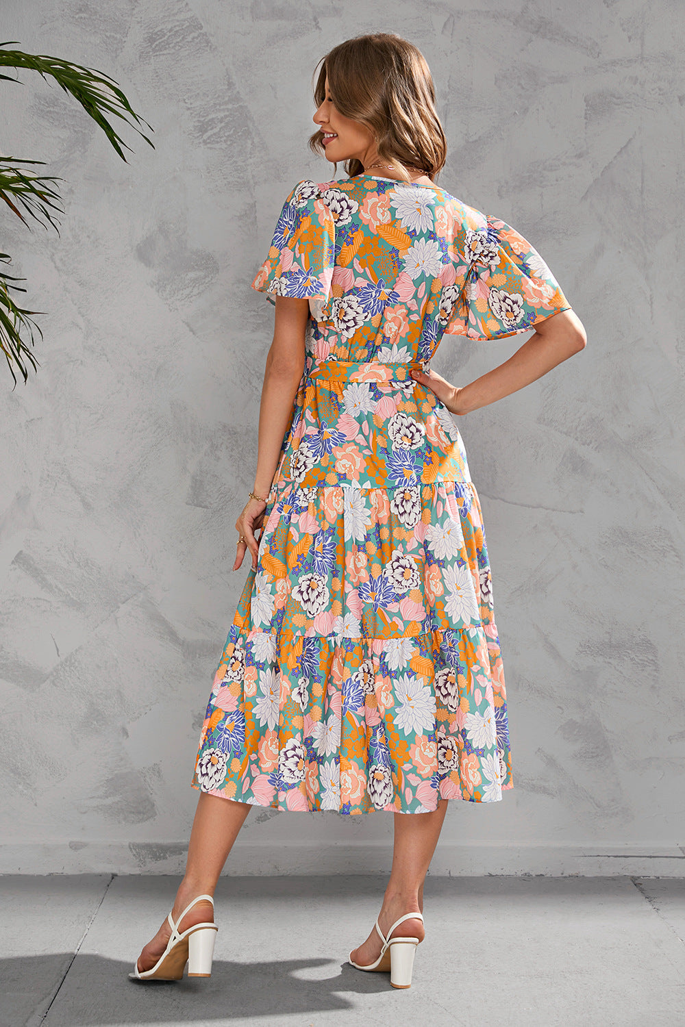 Women's Summer Floral V-Neck Short Sleeve Dress with Belt - Chiffon Mid-Length Boho Beach Sundress