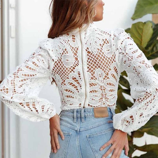 Tops Lace Blouse White Cropped Women's Blouse Turtleneck 16296