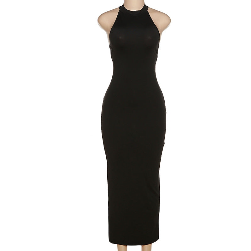 Black Halter Backless Maxi Graceful Dress With Back Straps