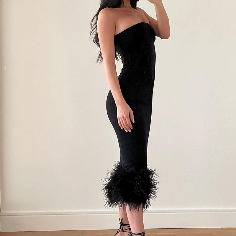 Black Tube Midi Charming Dress With Fur Trim