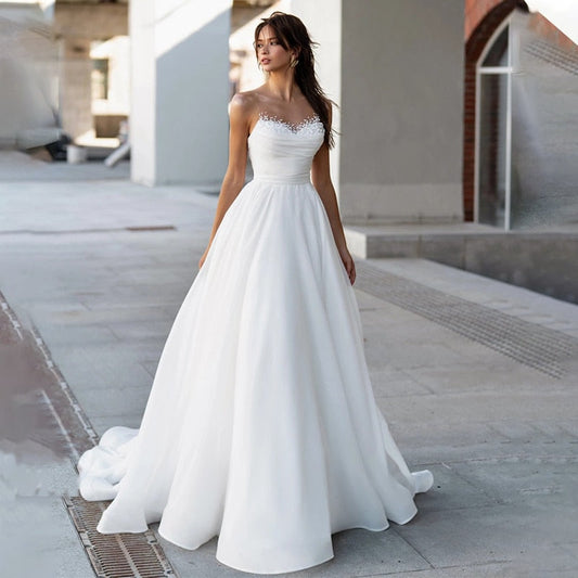 Sheer Beaded Peal Neck Modern Pleat A Lne Wedding Dress