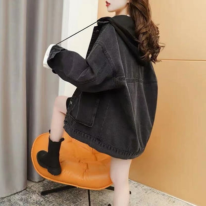 with - Hood Casual - Denim Spring Korean Fashion Black Women's Jacket Patchwork Streetwear Style