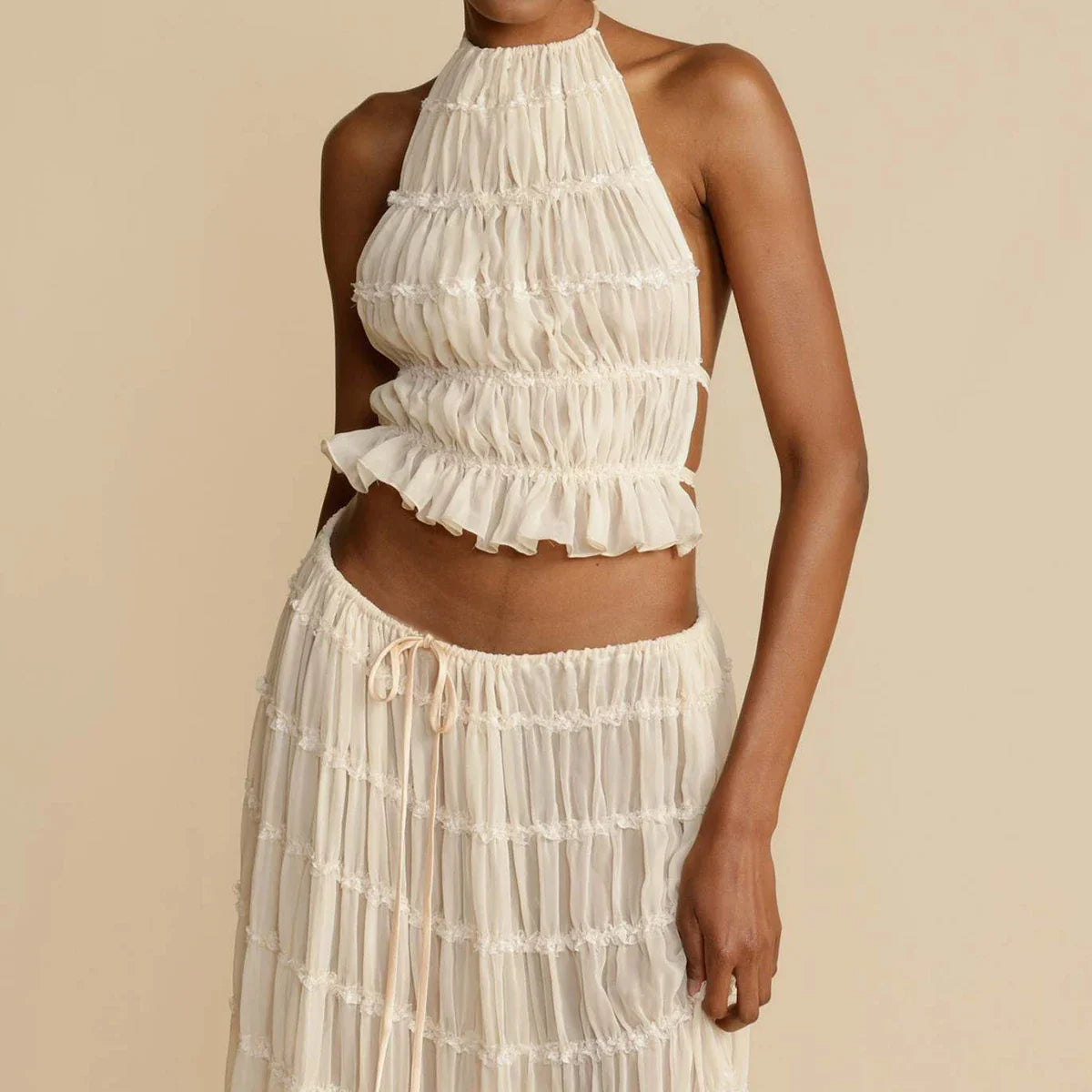 Ruched Halter White Top Graceful And Maxi Skirt Set