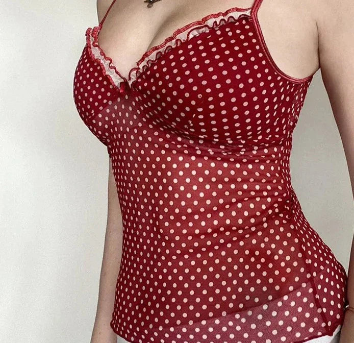 Red Polka-dot Stylish Mesh Cami Top