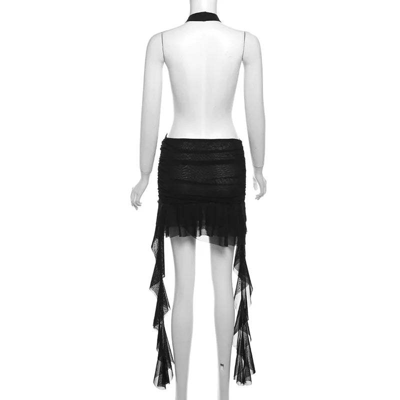 Black Deep Neck Charming Mesh Fringe Mini Dress