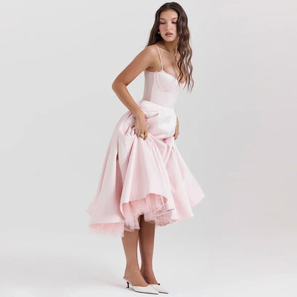 Satin Tulle Flare Charming Strap Cupped Midi Dress