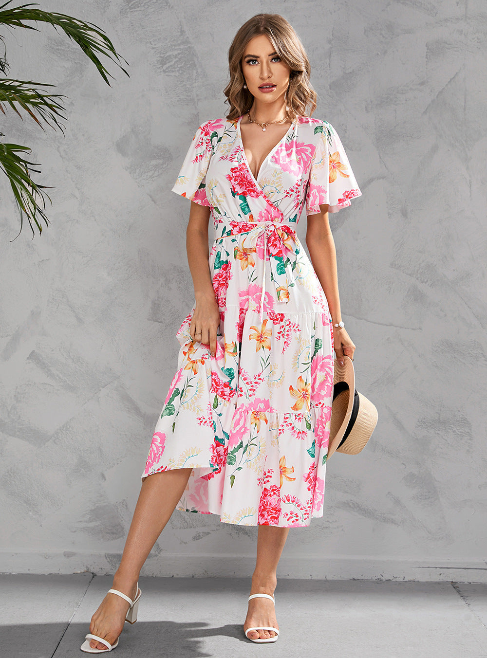 Women's Summer Floral V-Neck Short Sleeve Dress with Belt - Chiffon Mid-Length Boho Beach Sundress