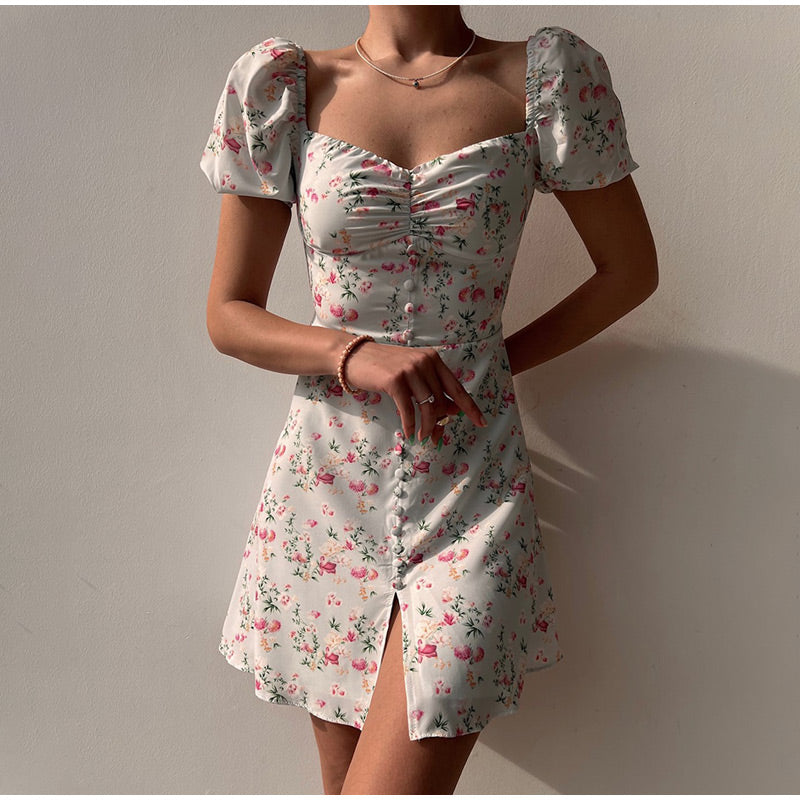 Waist Arm A-Line Puff Women's V-Neck High Flowered Dress