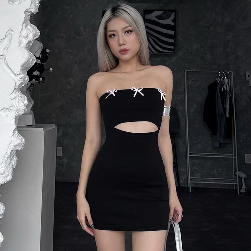 Black Tube Slit Charming Bow Mini Dress