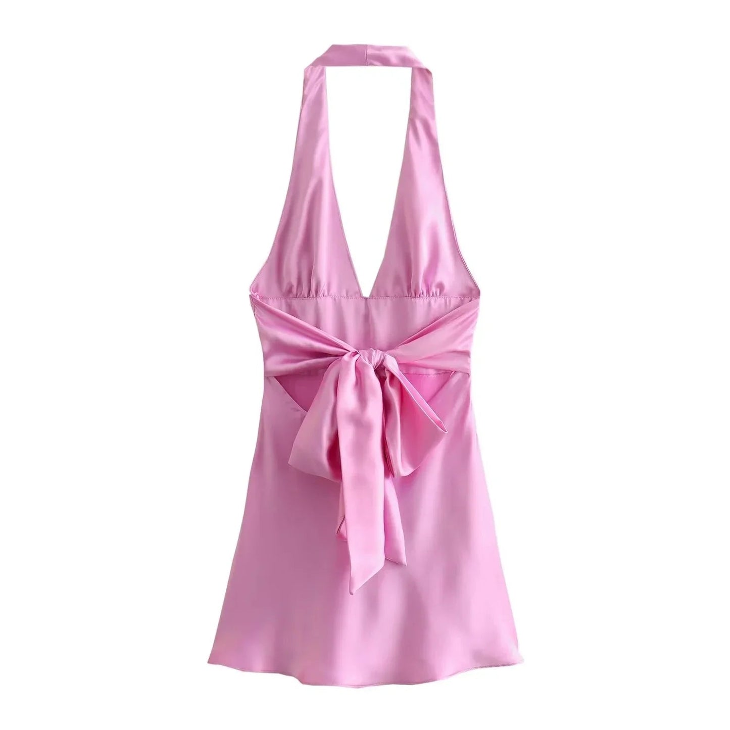 Satin Deep Neck Charming Halter Frill Mini Dress