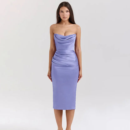 Purple Satin Corset Charming Tube Bodycon Midi Dress