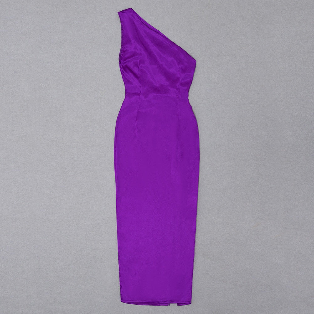 Purple One Shoulder Satin Graceful Hollow Cut Maxi Dress