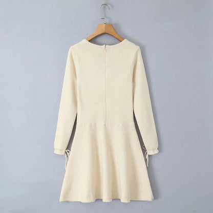 Ribbed Square Neck Long Graceful Sleeve Ribbion Mini Dress