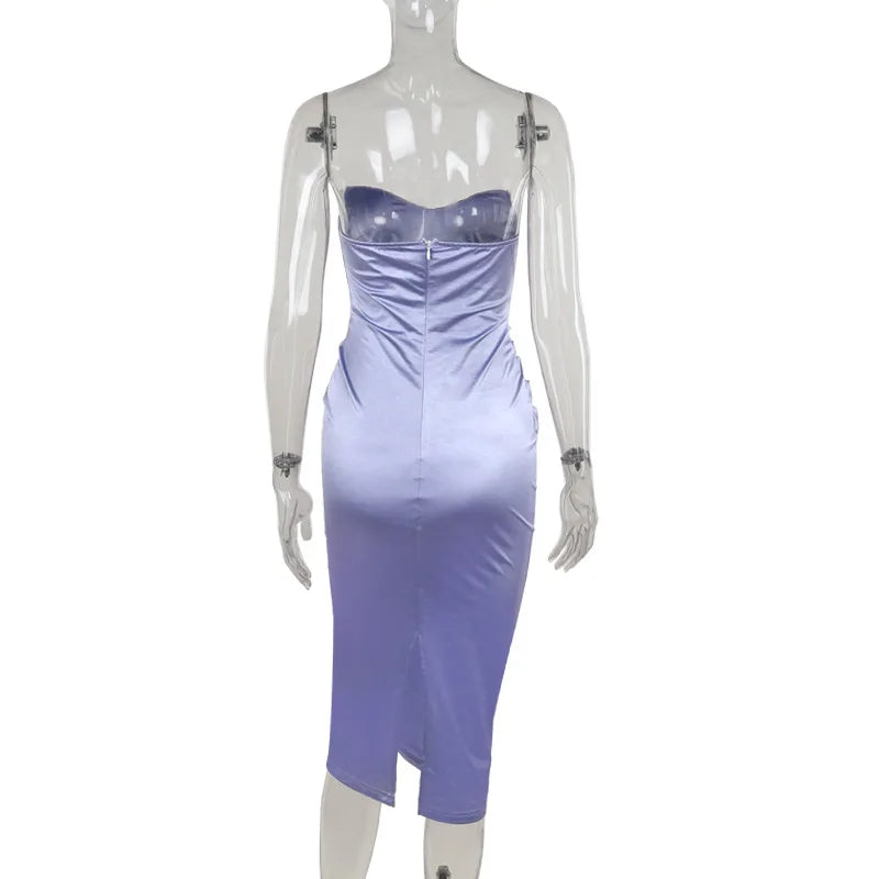 Purple Satin Corset Charming Tube Bodycon Midi Dress