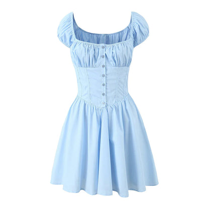 Blue Ruched Puff Charming Sleeve Elastic Mini Dress