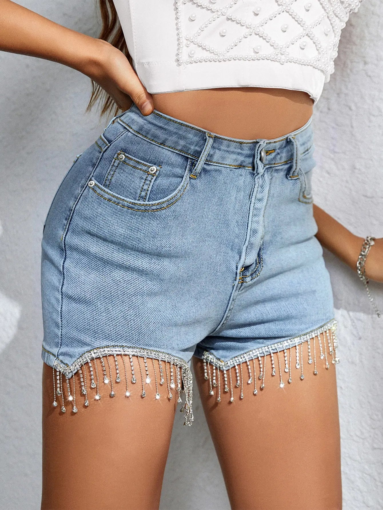 Cosybreezee - Street Chic Rhinestone Tassel Denim Shorts