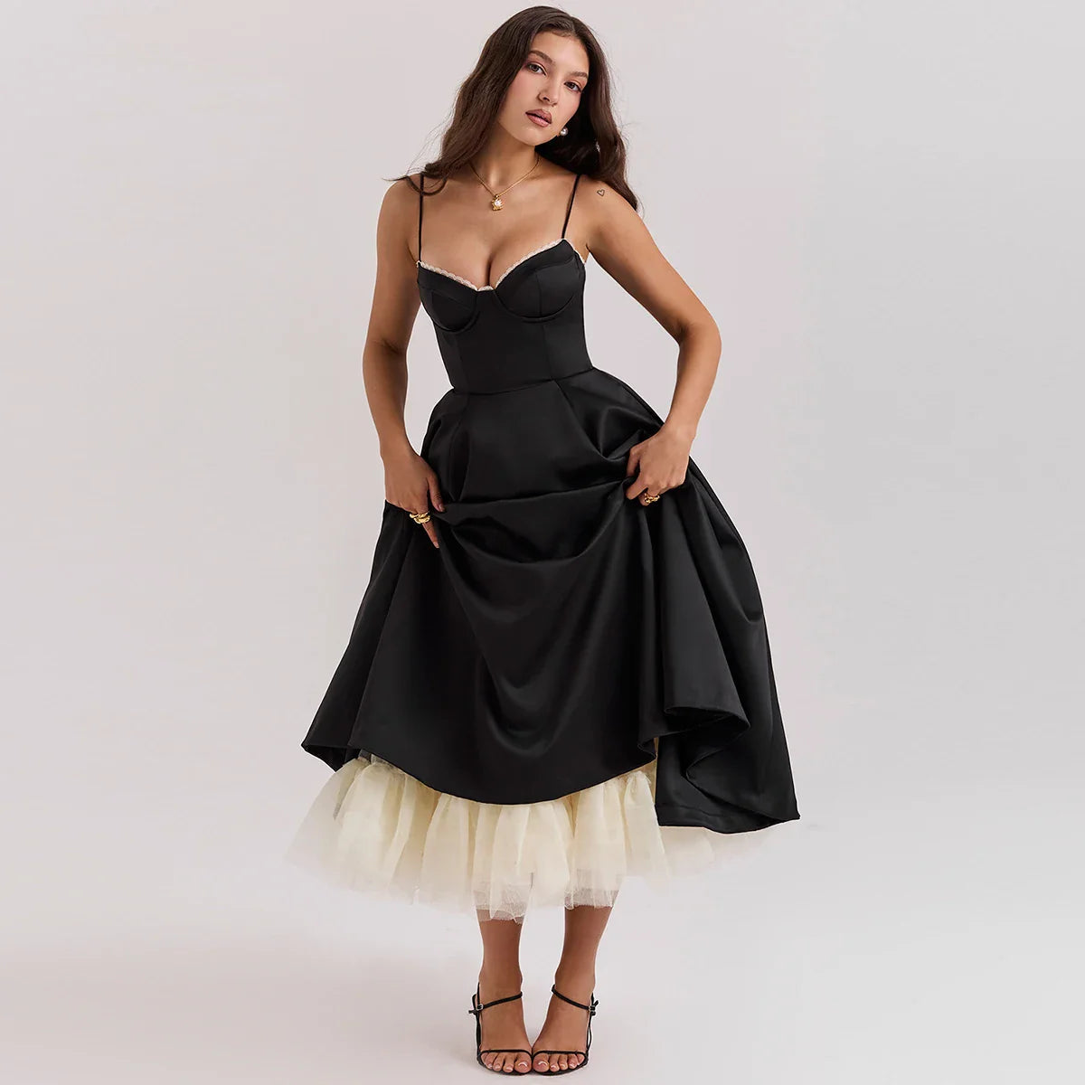 Satin Tulle Flare Charming Strap Cupped Midi Dress