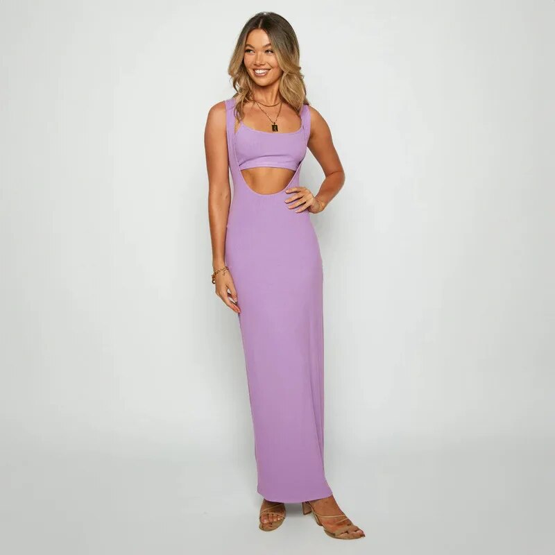 Ribbed Bandeau Deep Neck Graceful Layered Strap Long Dress