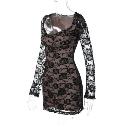 Black Lace Layered Charming Long Sleeve Mini Dress