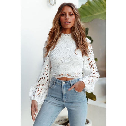 Tops Lace Blouse White Cropped Women's Blouse Turtleneck 16296