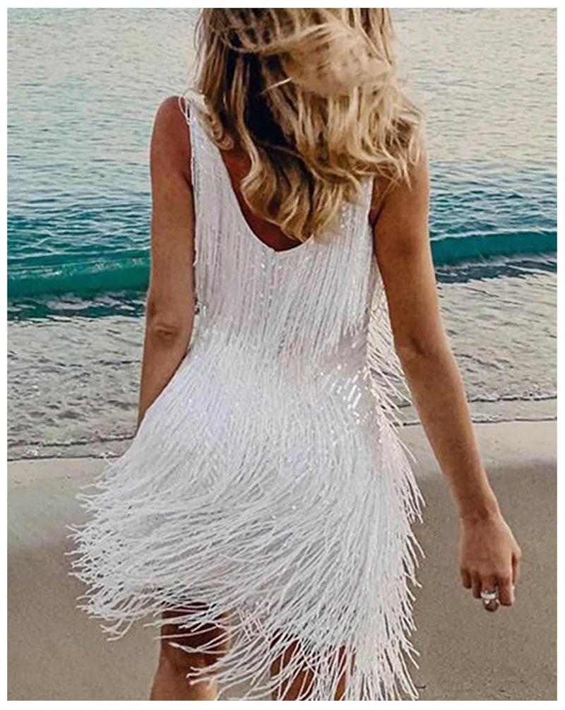 Summer V-Neck Sequins Tassel Feather Mini Dress