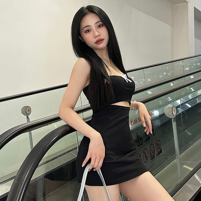 Black Tube Slit Charming Bow Mini Dress