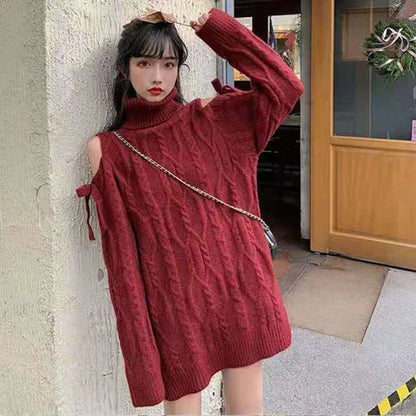 Red Cabel Knit Charming Shoulder Hollow Out Sweater